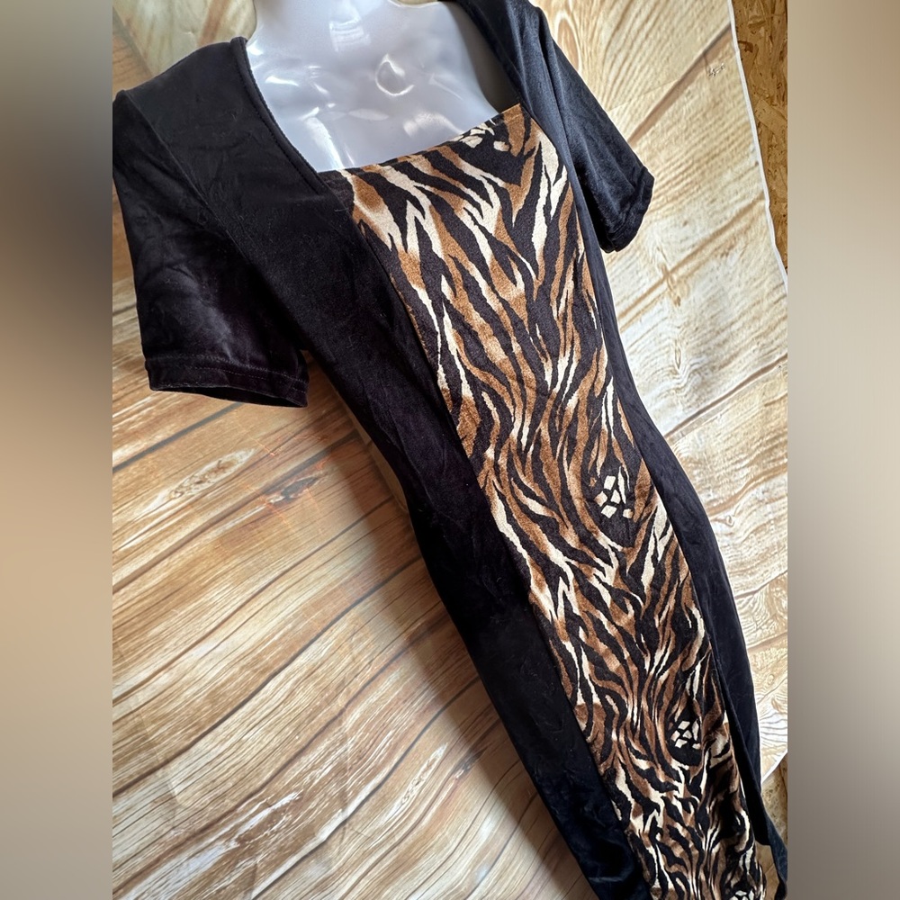 90s leopard tiger animal print black velvet dress